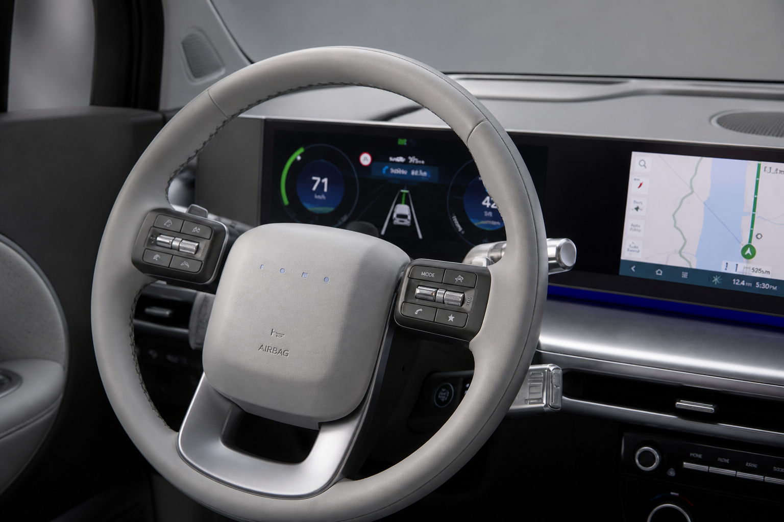 Volante del IONIQ 9 visto en detalle desde el puesto de conducción
