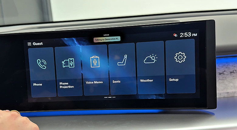 Pantalla multimedia con iconos de aplicaciones y aviso de asistente de IA generativa activo