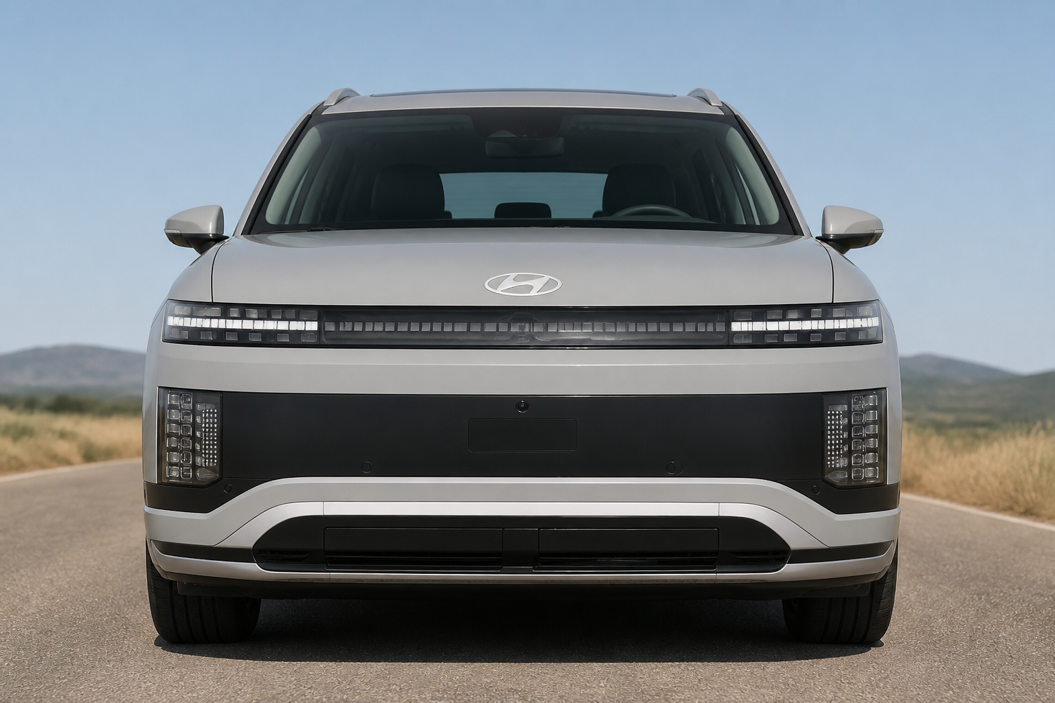 Frontal del IONIQ 9 gris claro parado en carretera con los faros apagados a plena luz del día