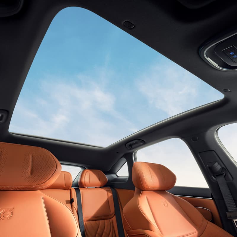 Interior del vehículo con asientos de cuero marrón bajo el amplio techo panorámico y el cielo azul