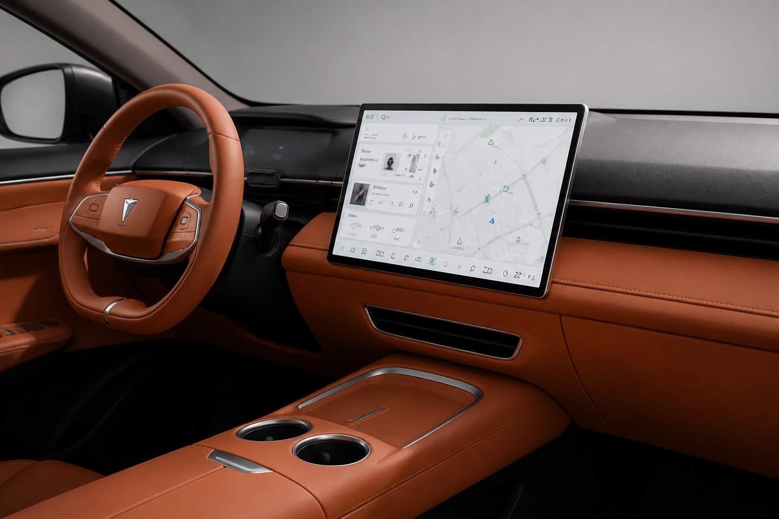 Pantalla central en escorzo mostrando una interfaz de smartphone conectado con iconos de música y mapas