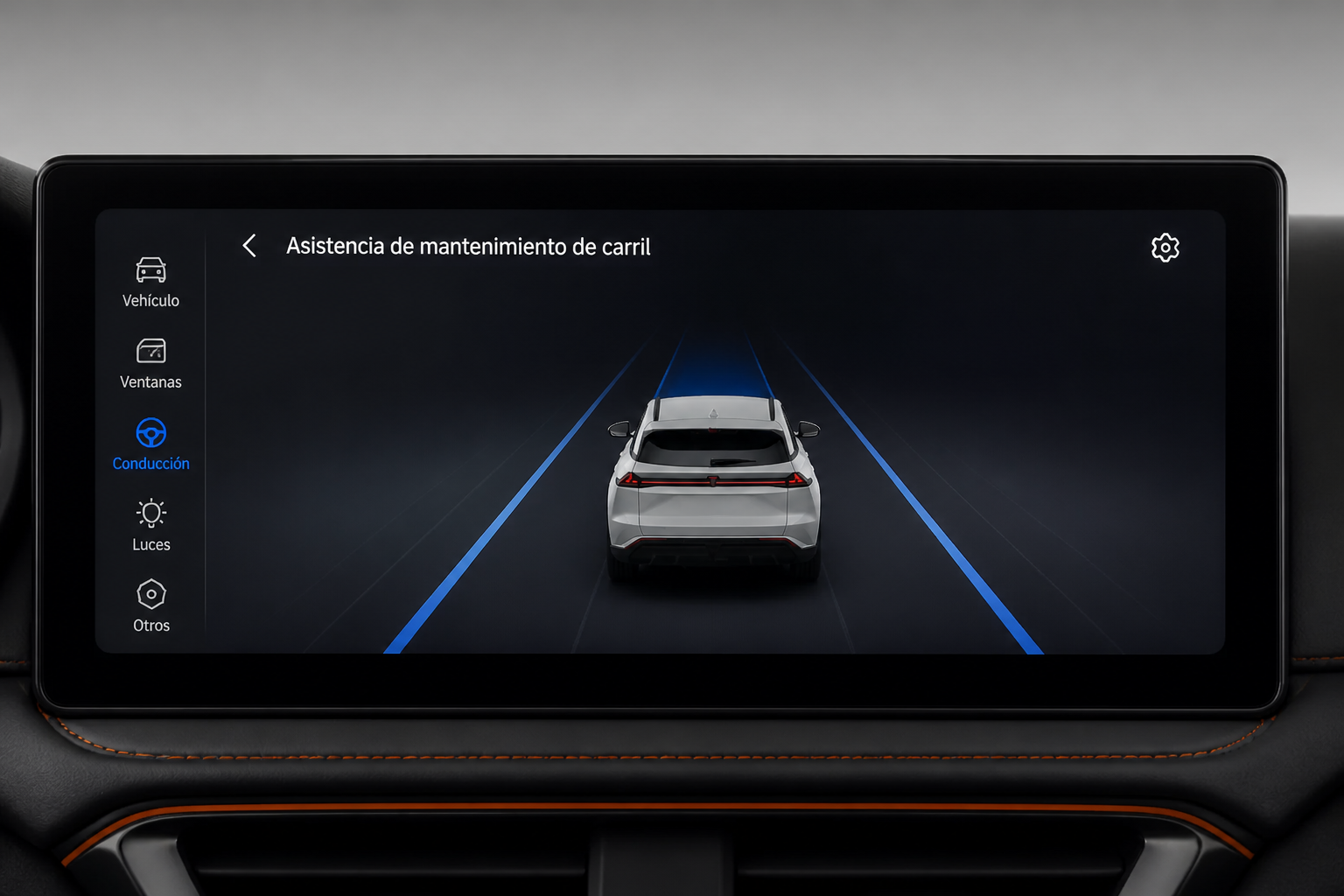 Pantalla central en encuadre frontal completo mostrando un gráfico de mantenimiento de carril con el vehículo centrado entre líneas