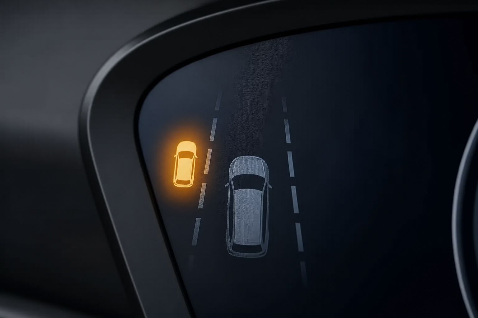 Macro de un cuadrante del cuadro digital con el aviso de ángulo muerto iluminado y un vehículo detectado en el carril contiguo