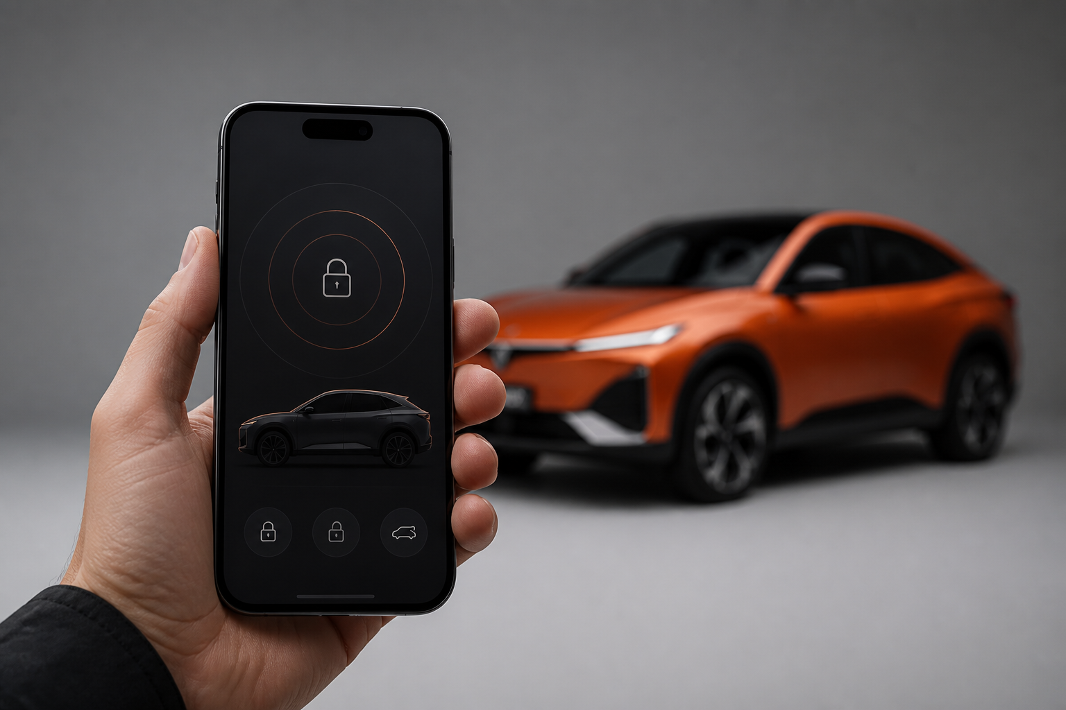 Smartphone en primer plano con una interfaz de llave digital y la silueta del Deepal S07 naranja desenfocada al fondo