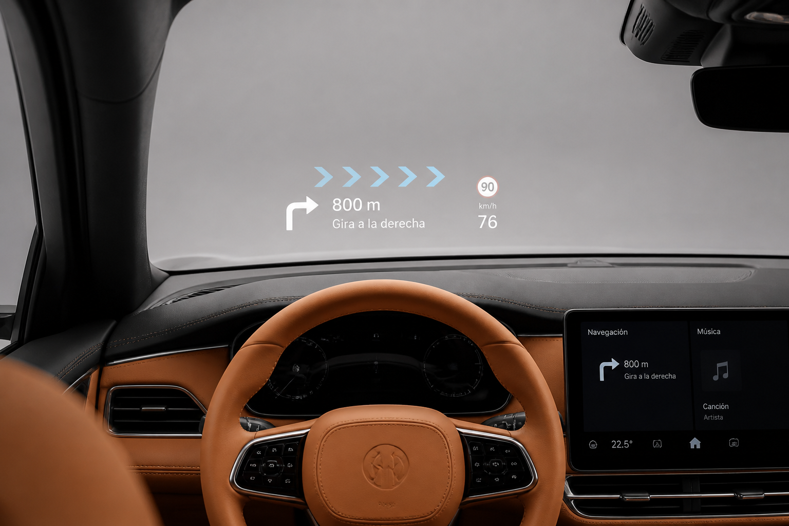Vista desde el asiento del conductor del Head-Up Display con realidad aumentada proyectando indicaciones sobre el parabrisas