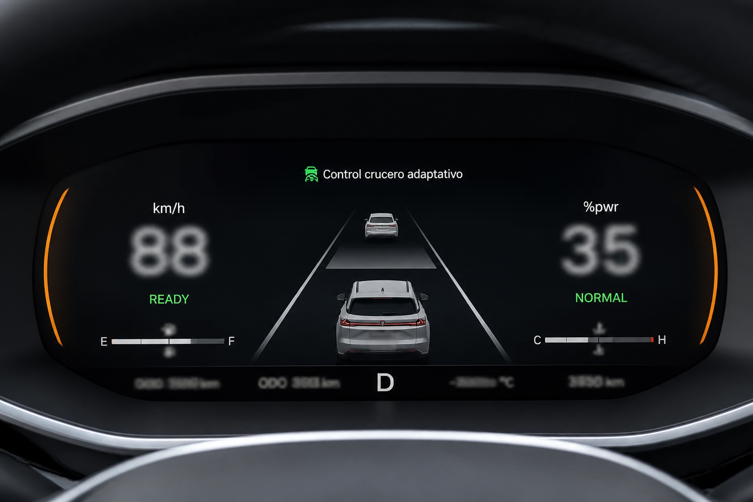 Cuadro digital tras el volante mostrando el crucero adaptativo con iconografía de carril y vehículo precedente