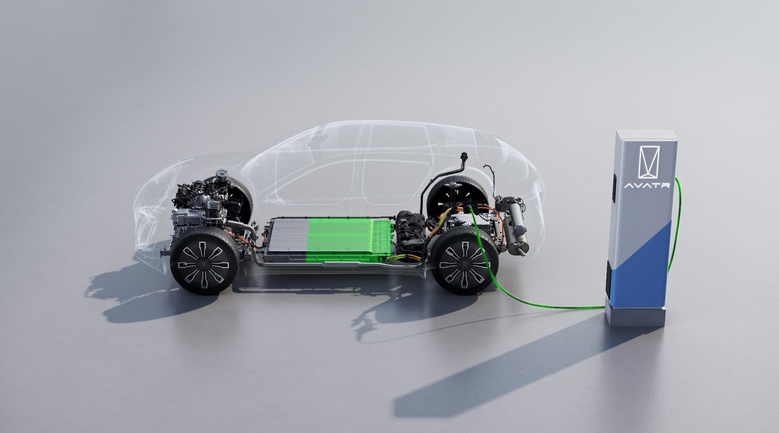 Render de un chasis eléctrico con silueta transparente, batería plana y componentes, conectado a una estación de carga AVATR