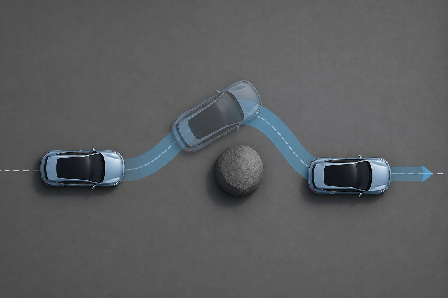 Ilustración cenital limpia de un coche esquivando un obstáculo con la trayectoria curva marcada