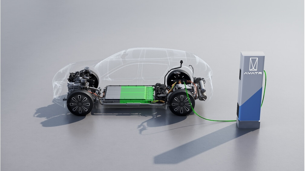 Diagrama de un chasis eléctrico con batería y motor visibles y silueta de coche transparente, conectado a un cargador AVATR