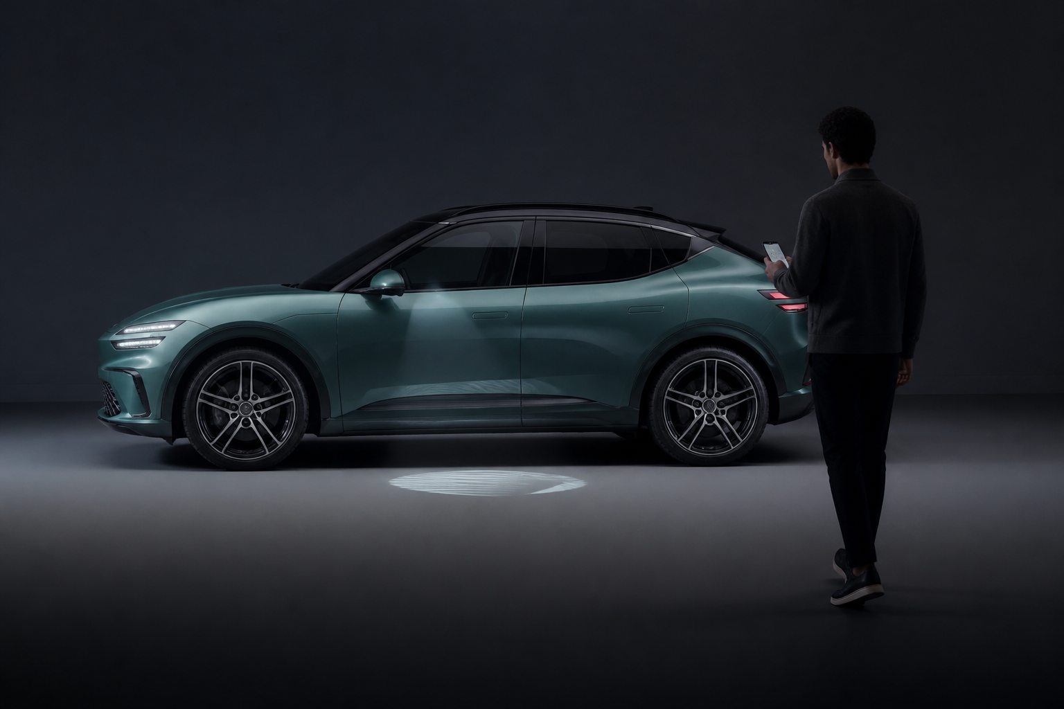 GV60 verde de noche con las luces dinámicas de bienvenida encendidas mientras una persona se acerca con su smartphone