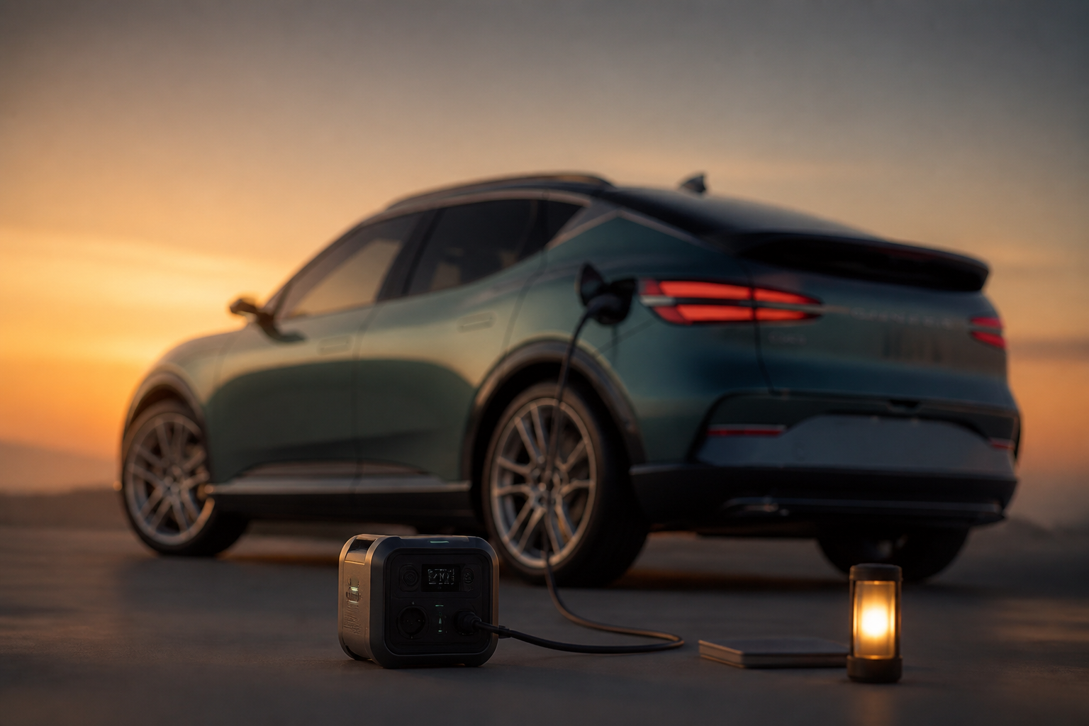 Dispositivo electrónico alimentado por el adaptador V2L junto al GV60, al atardecer
