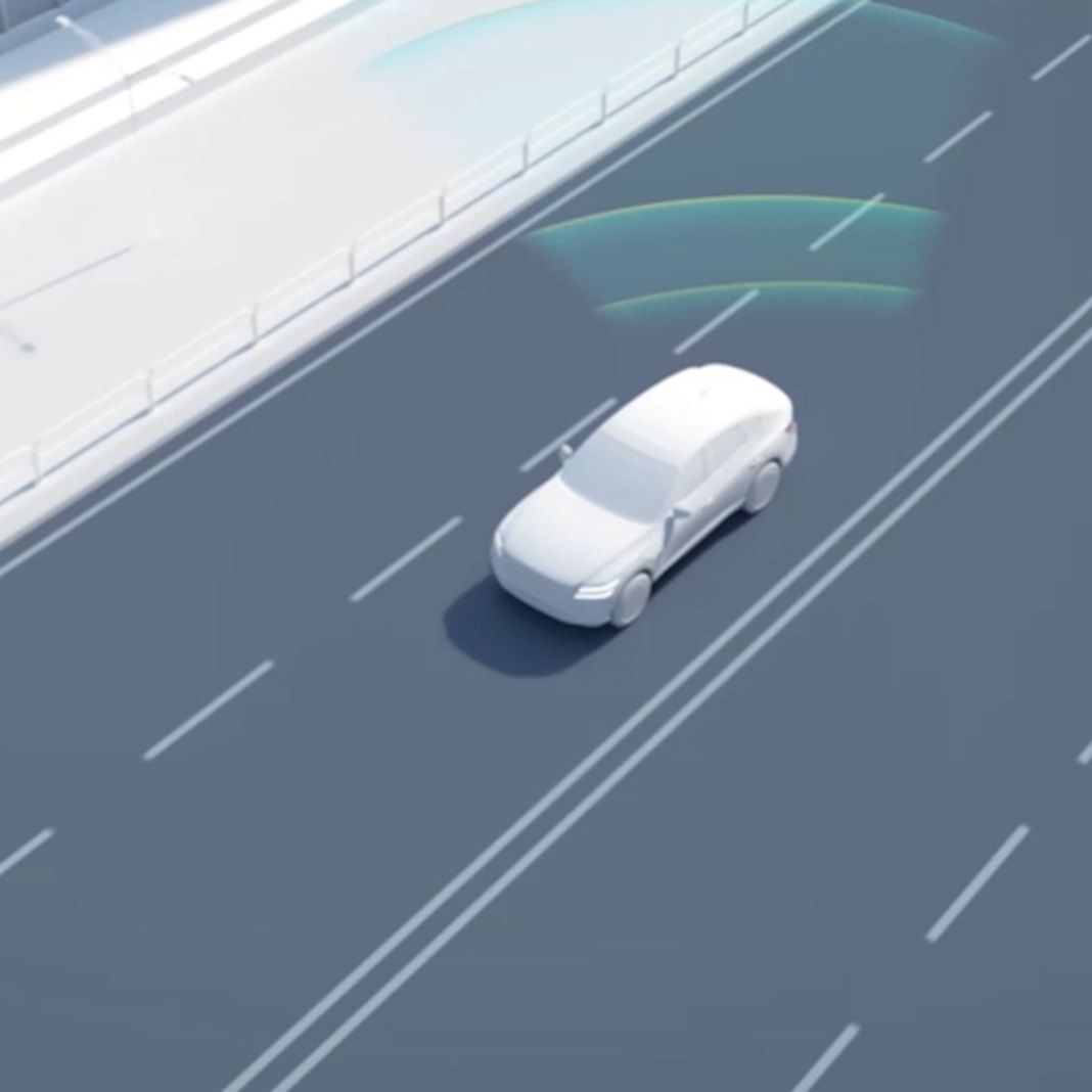 Render de un coche circulando por carretera con las marcas de detección de los sensores resaltadas