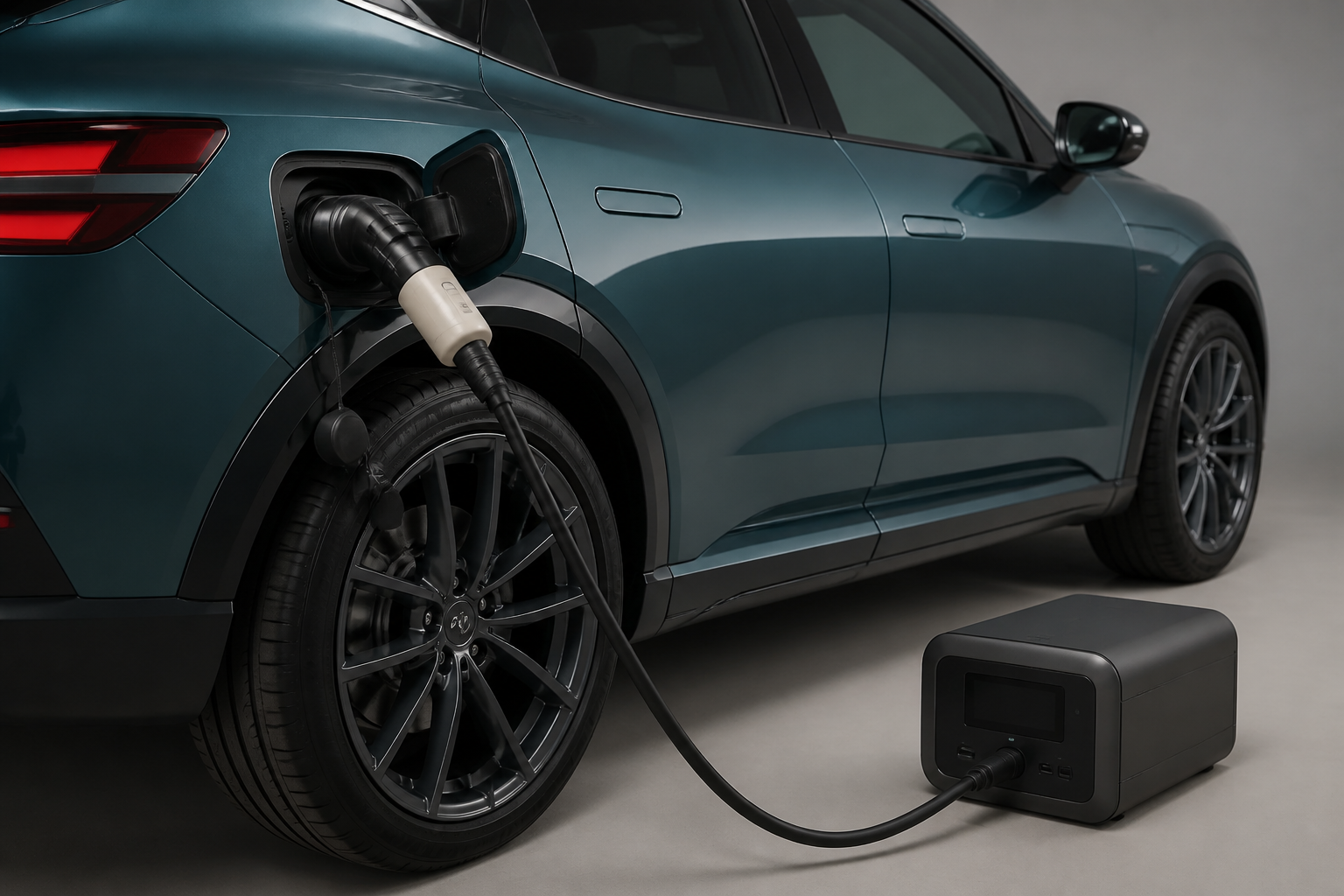 Adaptador V2L conectado a la toma de carga del GV60 alimentando un dispositivo electrónico