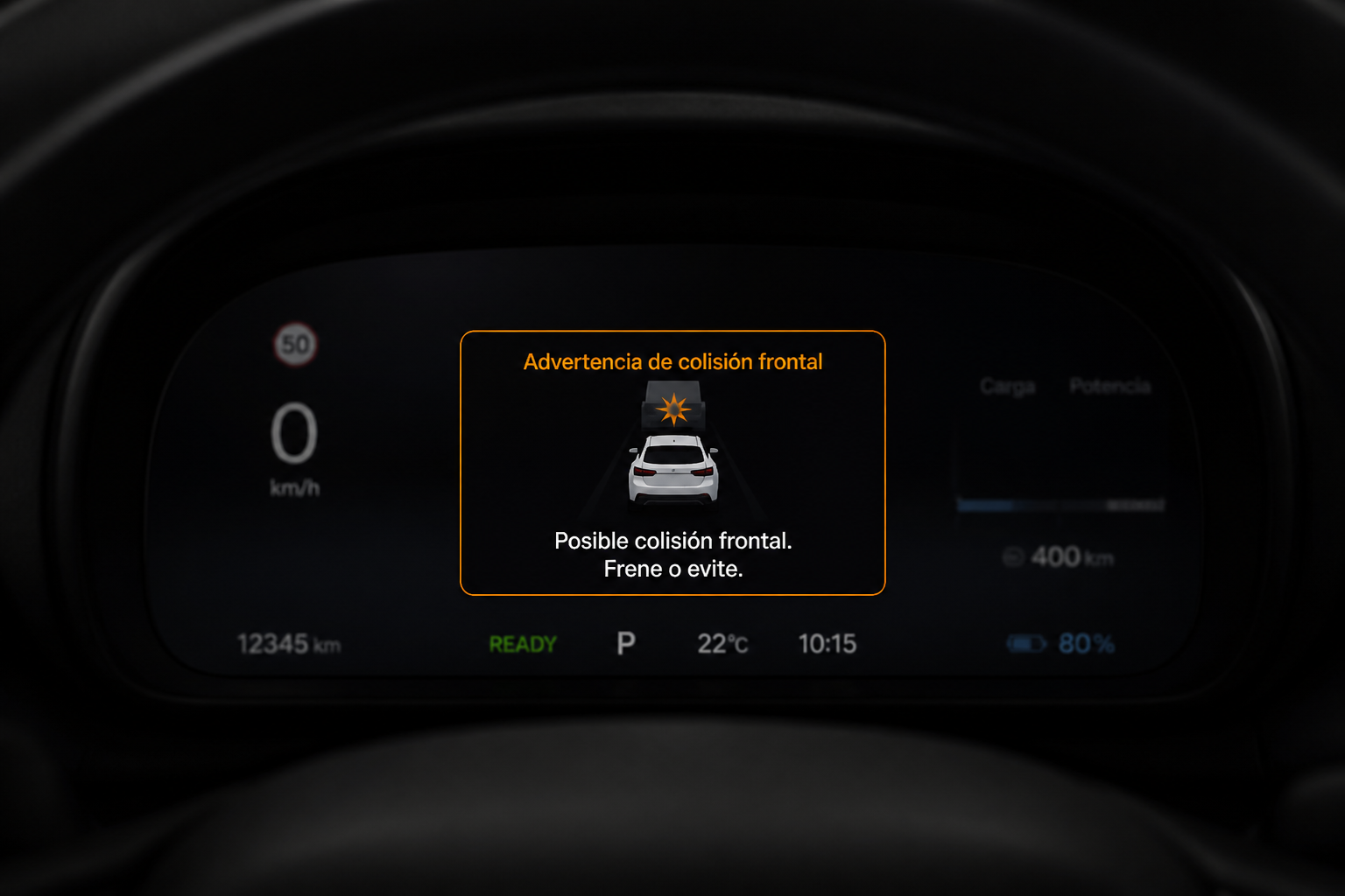 Pantalla del conductor con un aviso de colisión frontal iluminado y valores desenfocados.