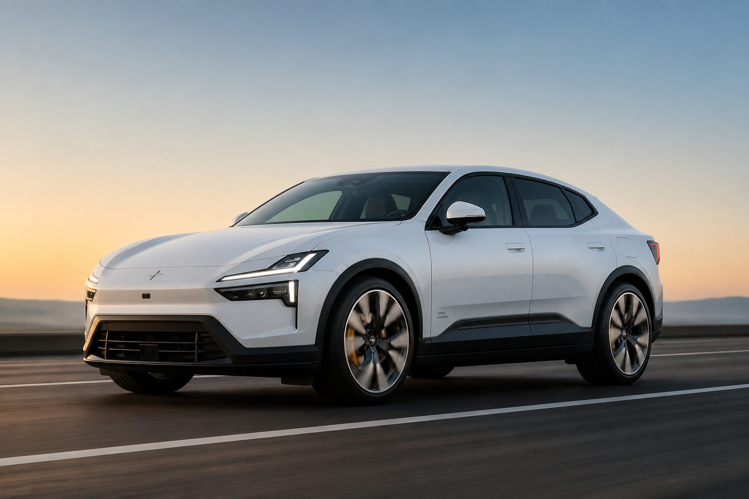 Polestar 4 blanco en carretera recta al amanecer, toma lateral con ligera sensación de velocidad.