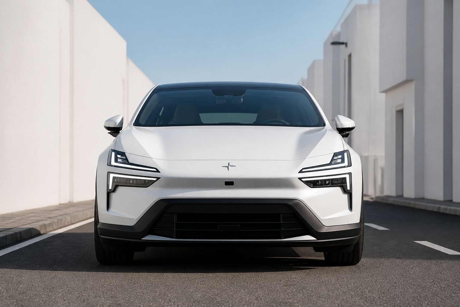 Primer plano frontal del morro del Polestar 4 blanco parado en carretera, faros apagados, luz de día.
