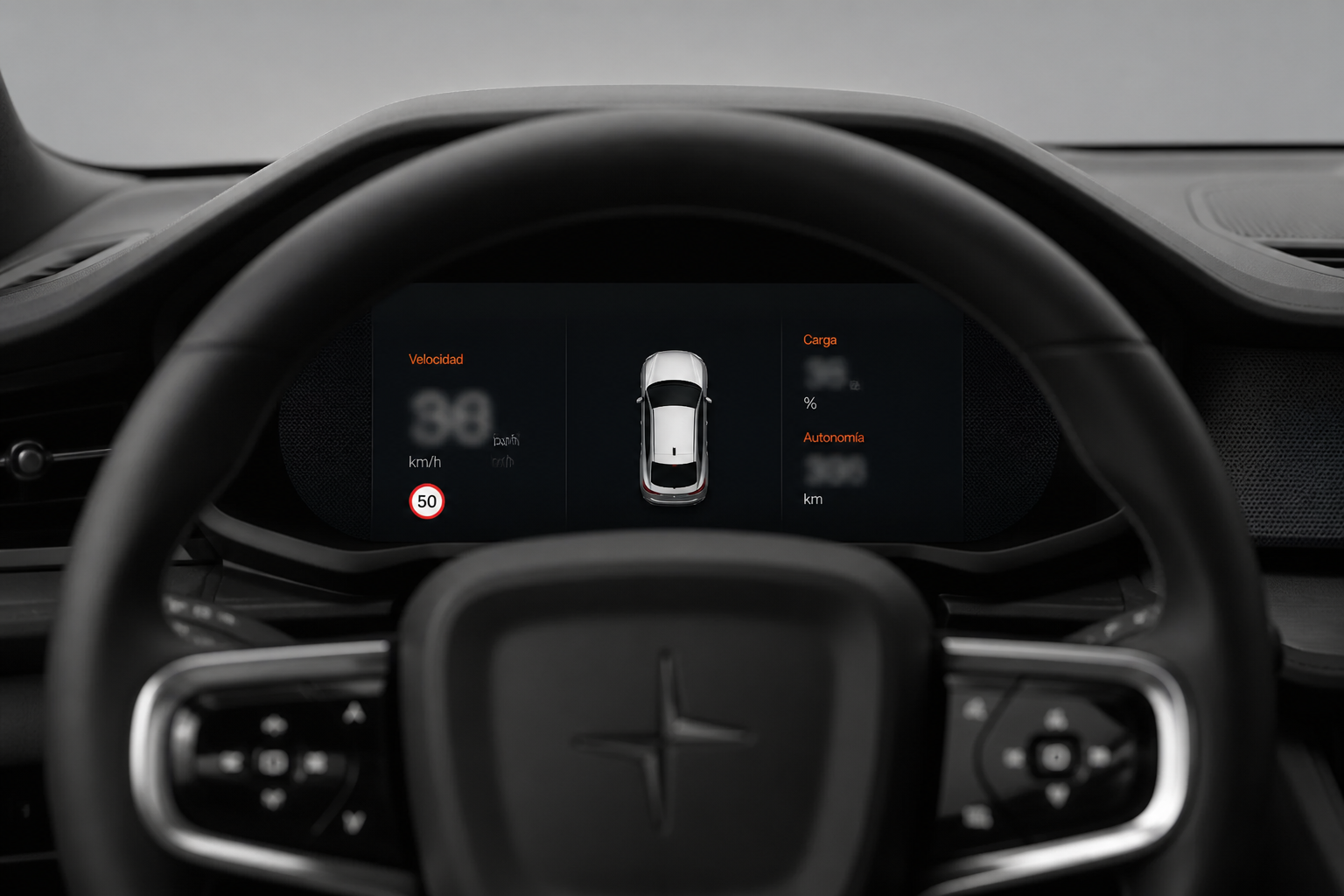 Primer plano de la pantalla del conductor tras el volante con gráficos minimalistas y cifras desenfocadas.