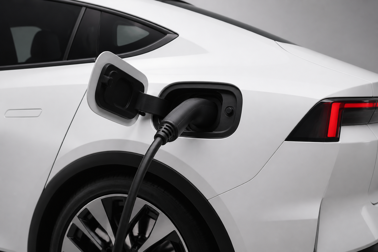Primer plano del puerto de carga del coche blanco con conector DC enchufado, luz de estudio suave.