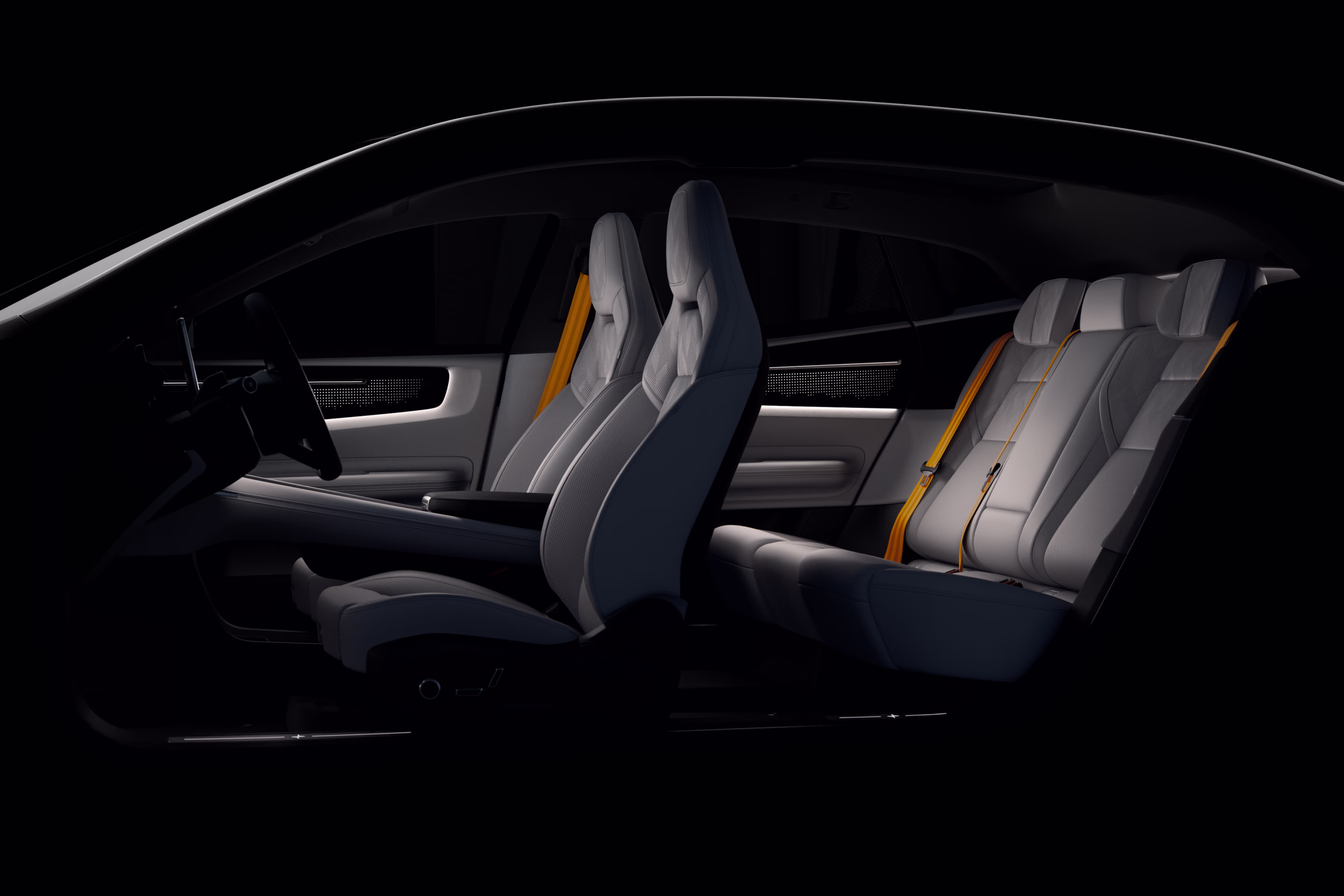 Interior del Polestar 4 con asientos delanteros y traseros en tapicería gris clara.