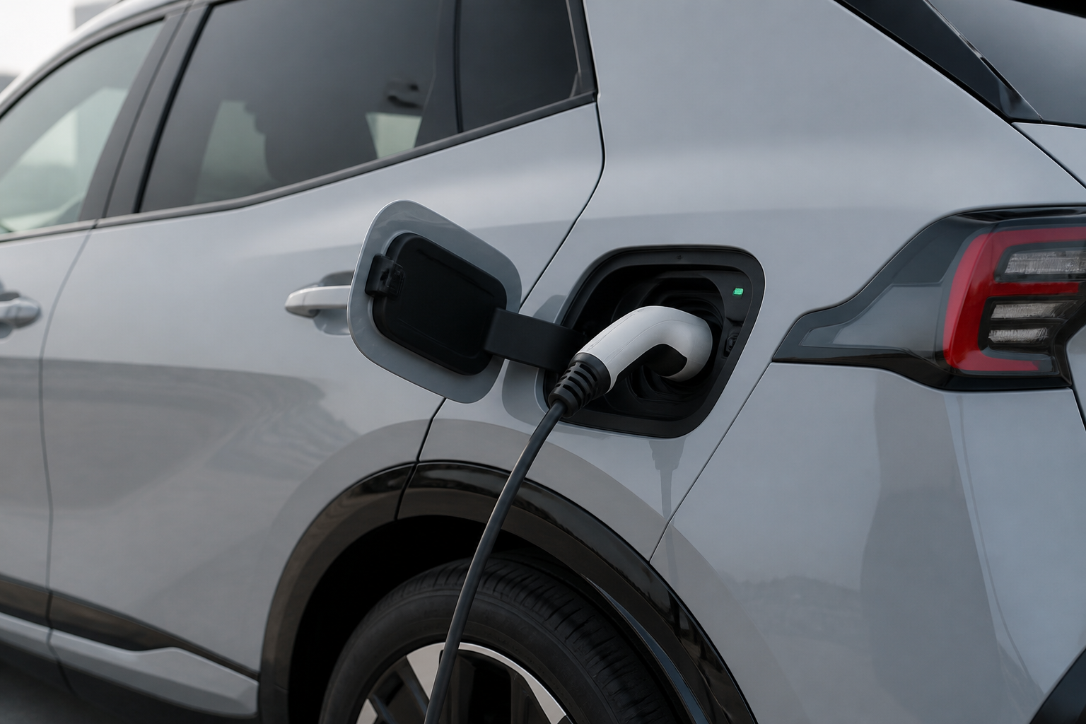 Primer plano de la trampilla de carga abierta del Sportage con el conector enchufado