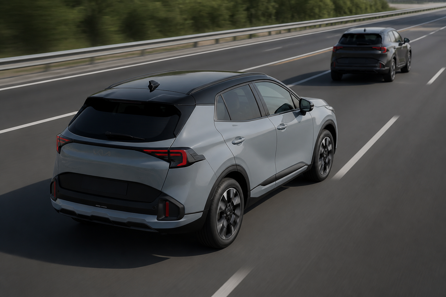 El Sportage circulando por autovía manteniendo distancia con el vehículo precedente, visto desde una posición elevada