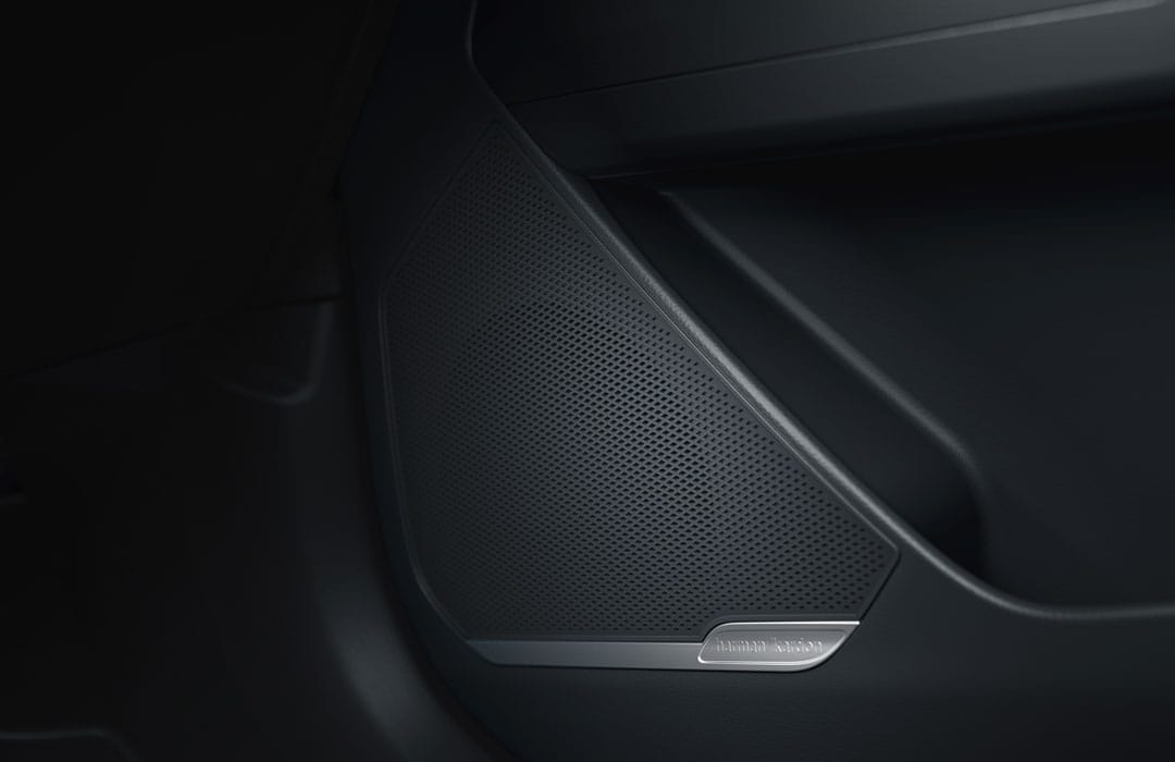 Detalle de la rejilla del altavoz Harman Kardon en el panel de la puerta