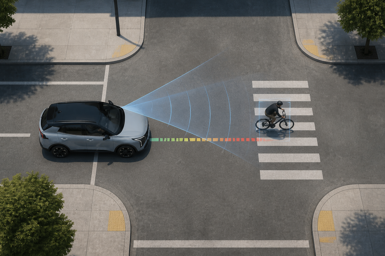 Vista cenital de una intersección con el Sportage frenando ante un ciclista que cruza