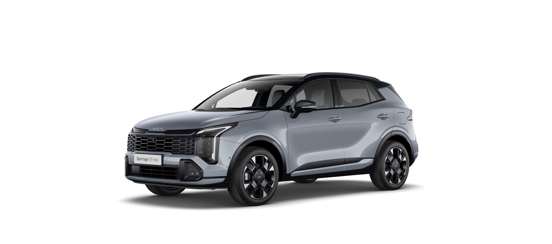 Kia Sportage GT-Line gris claro con techo negro en render de estudio de tres cuartos delantero