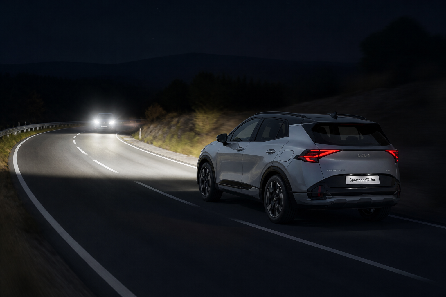 Escena nocturna con las luces largas del Sportage recortando el haz para no deslumbrar a un coche que se aproxima