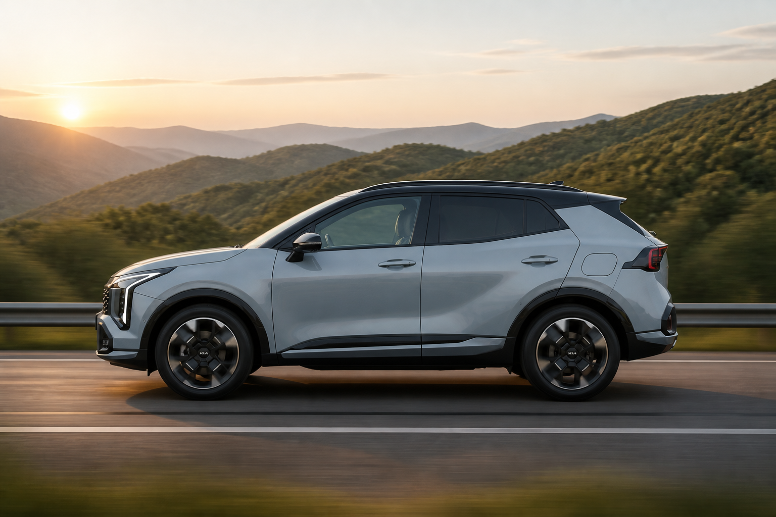 Vista trasera en tres cuartos del Kia Sportage GT-Line gris con techo negro sobre fondo blanco