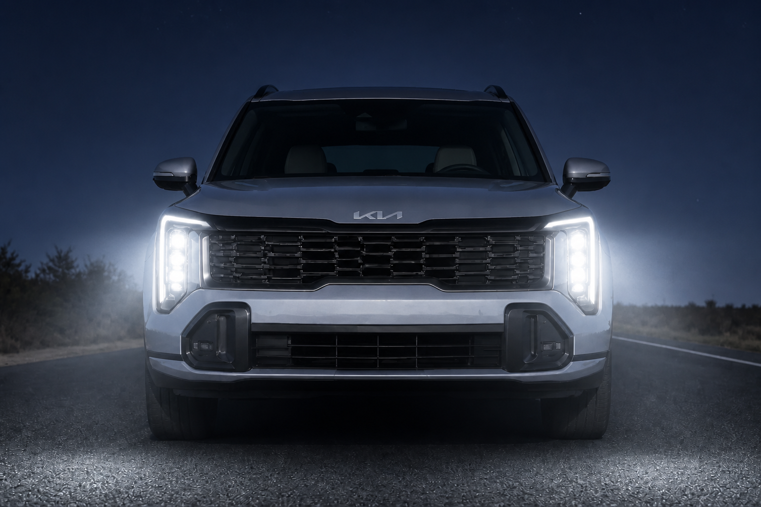 El mismo frontal del Kia Sportage de noche con los faros LED encendidos proyectando luz sobre la carretera