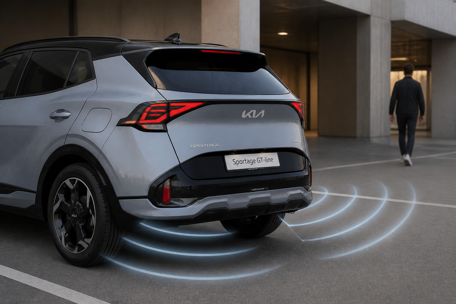 Detalle trasero del Sportage maniobrando en un aparcamiento con ondas de sensores ilustradas