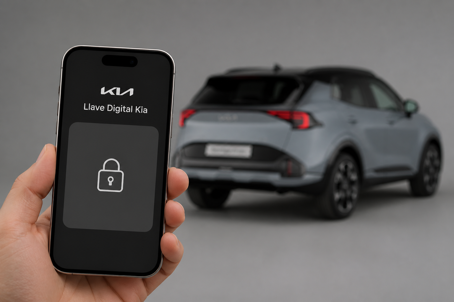 Smartphone en primer plano con la Llave Digital Kia y la silueta del Sportage desenfocada al fondo