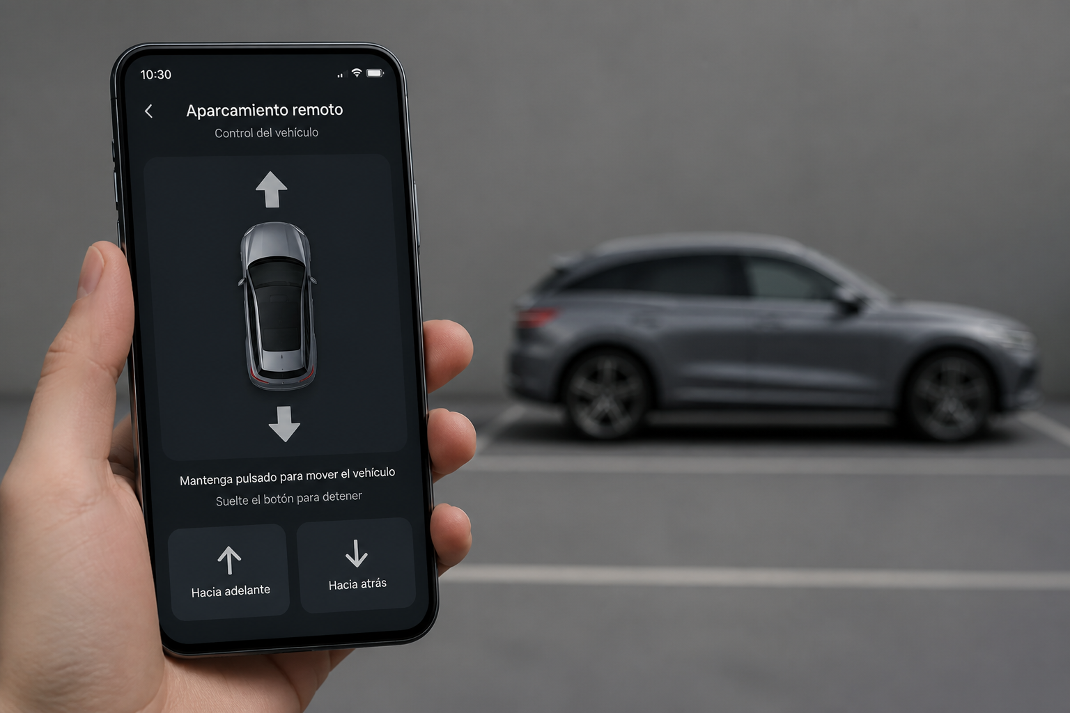 Smartphone en primer plano con la interfaz de aparcamiento remoto; al fondo, desenfocada, la silueta del SUV en una plaza de aparcamiento.