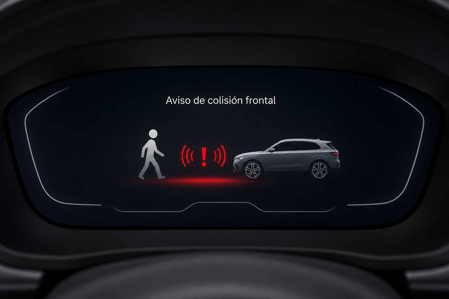 Pantalla completa frontal del cuadro digital con un aviso de colisión frontal: iconos de peatón y vehículo en gráfico limpio.