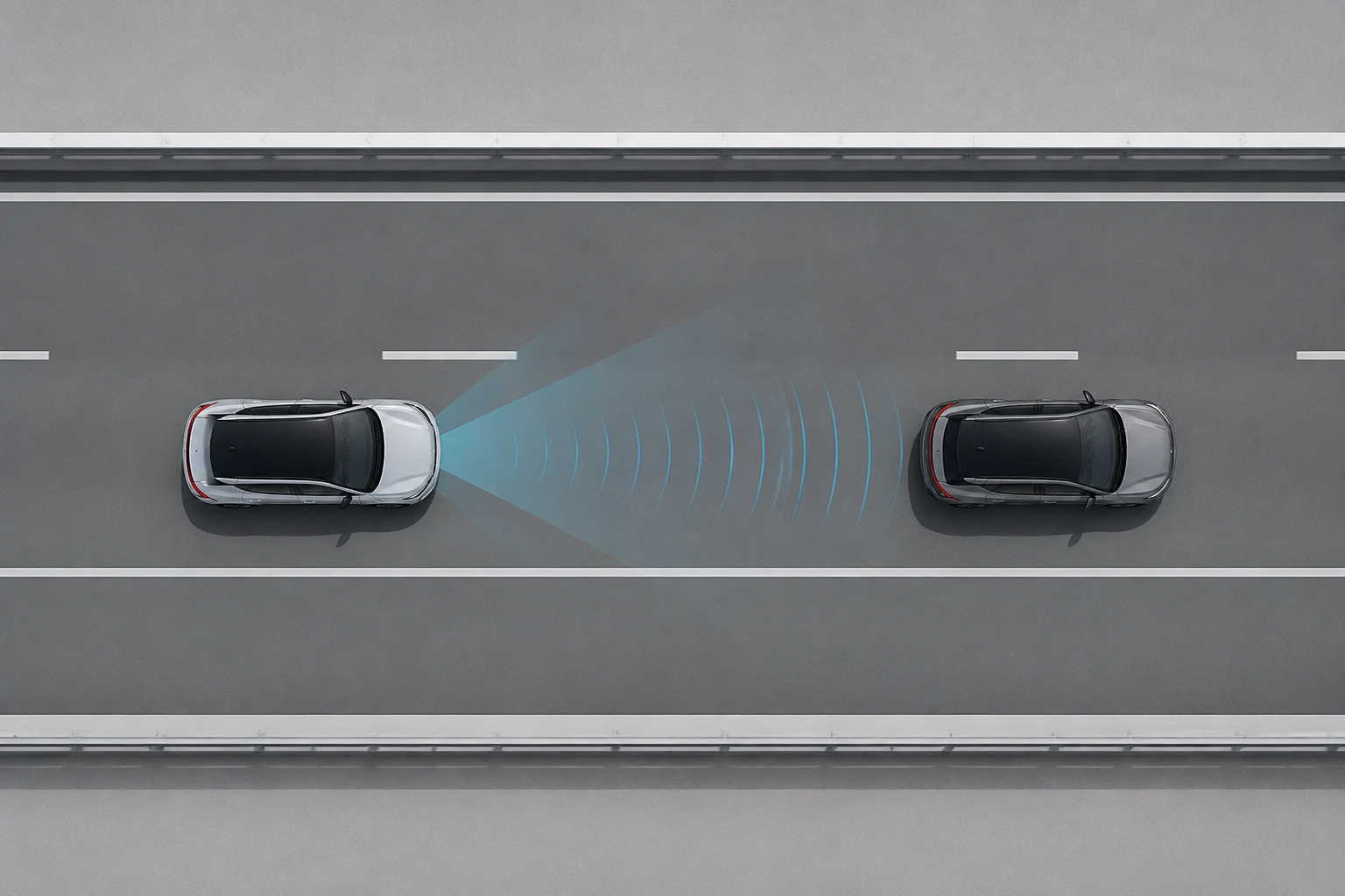 Ilustración técnica cenital de un coche circulando centrado en su carril de autovía manteniendo distancia con el vehículo precedente