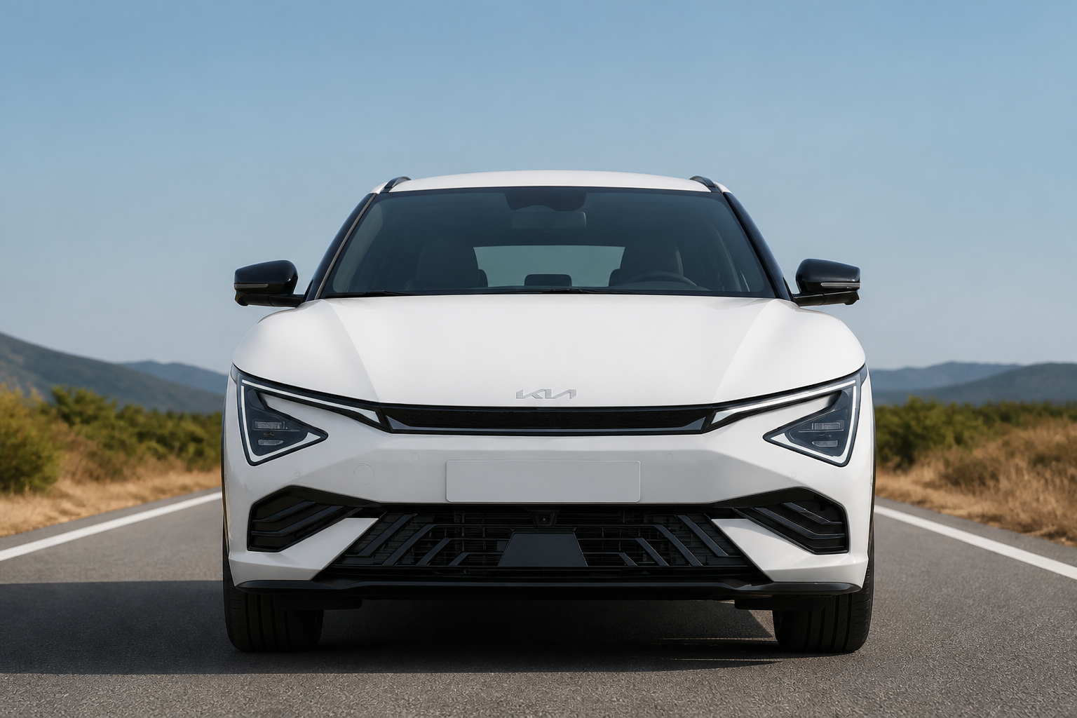Frontal del EV6 blanco parado en carretera con los faros apagados, a plena luz del día