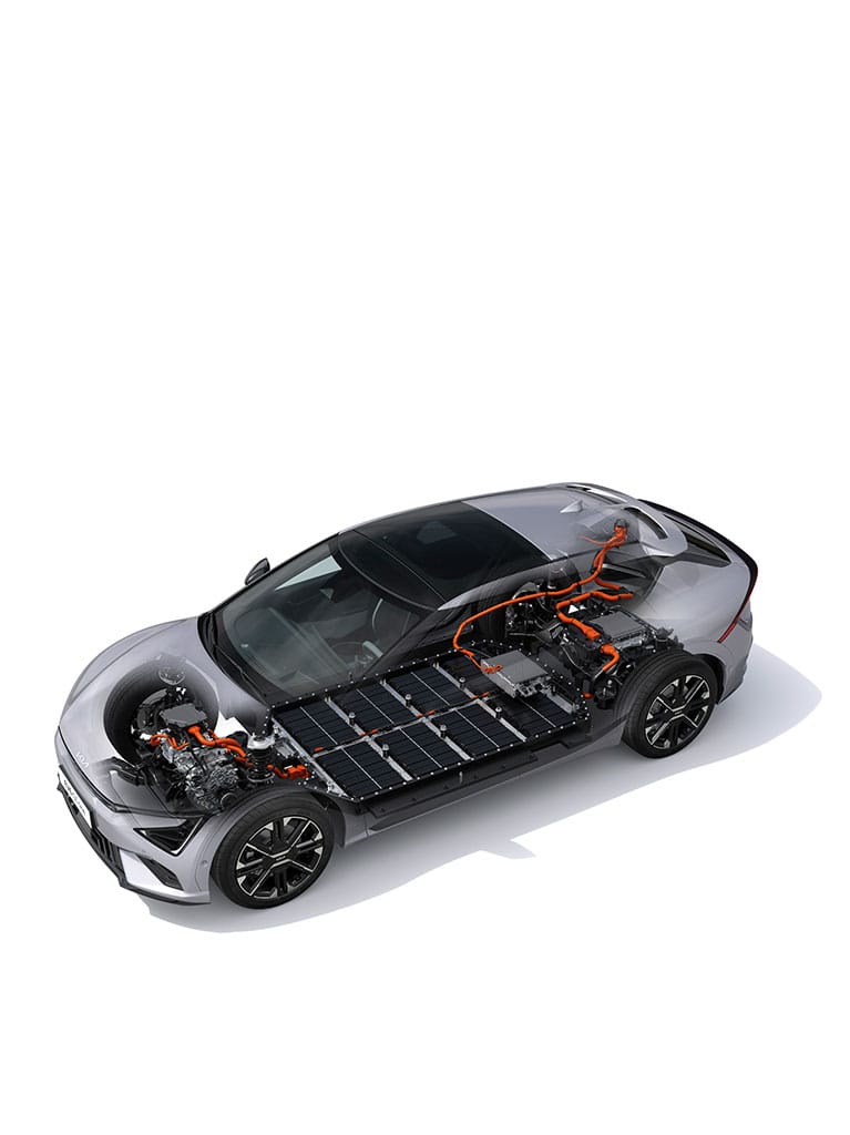 Diagrama de corte de un vehículo eléctrico mostrando la batería plana, el motor y los componentes internos