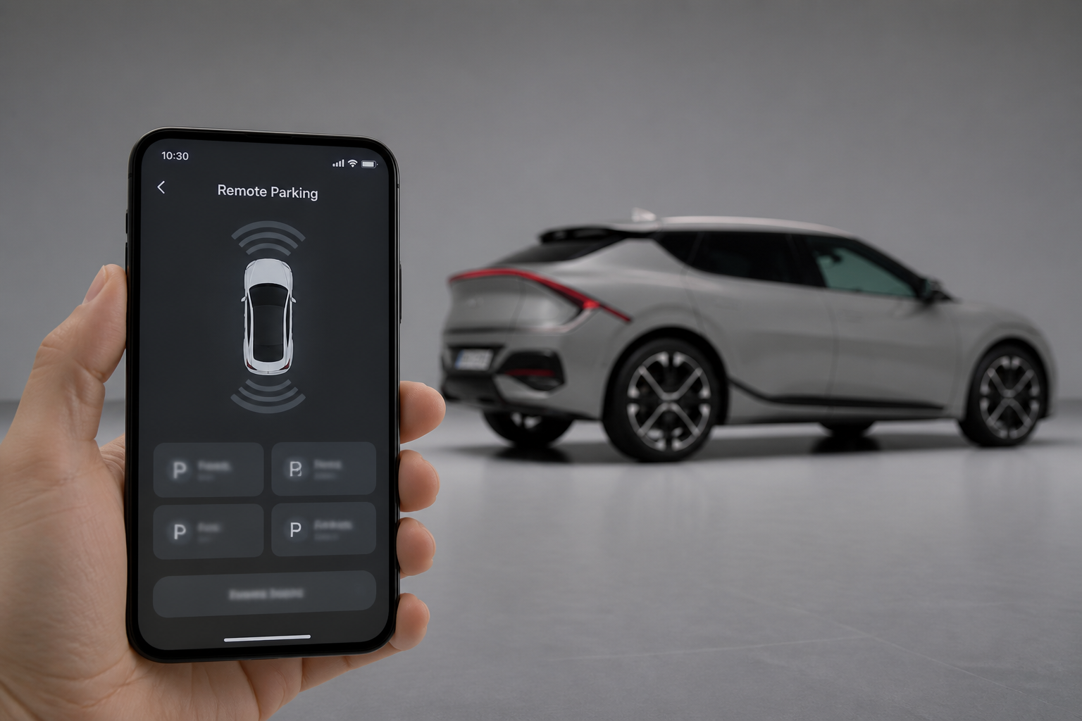 Primer plano de un smartphone con la interfaz de aparcamiento remoto y un EV6 blanco aparcando desenfocado al fondo