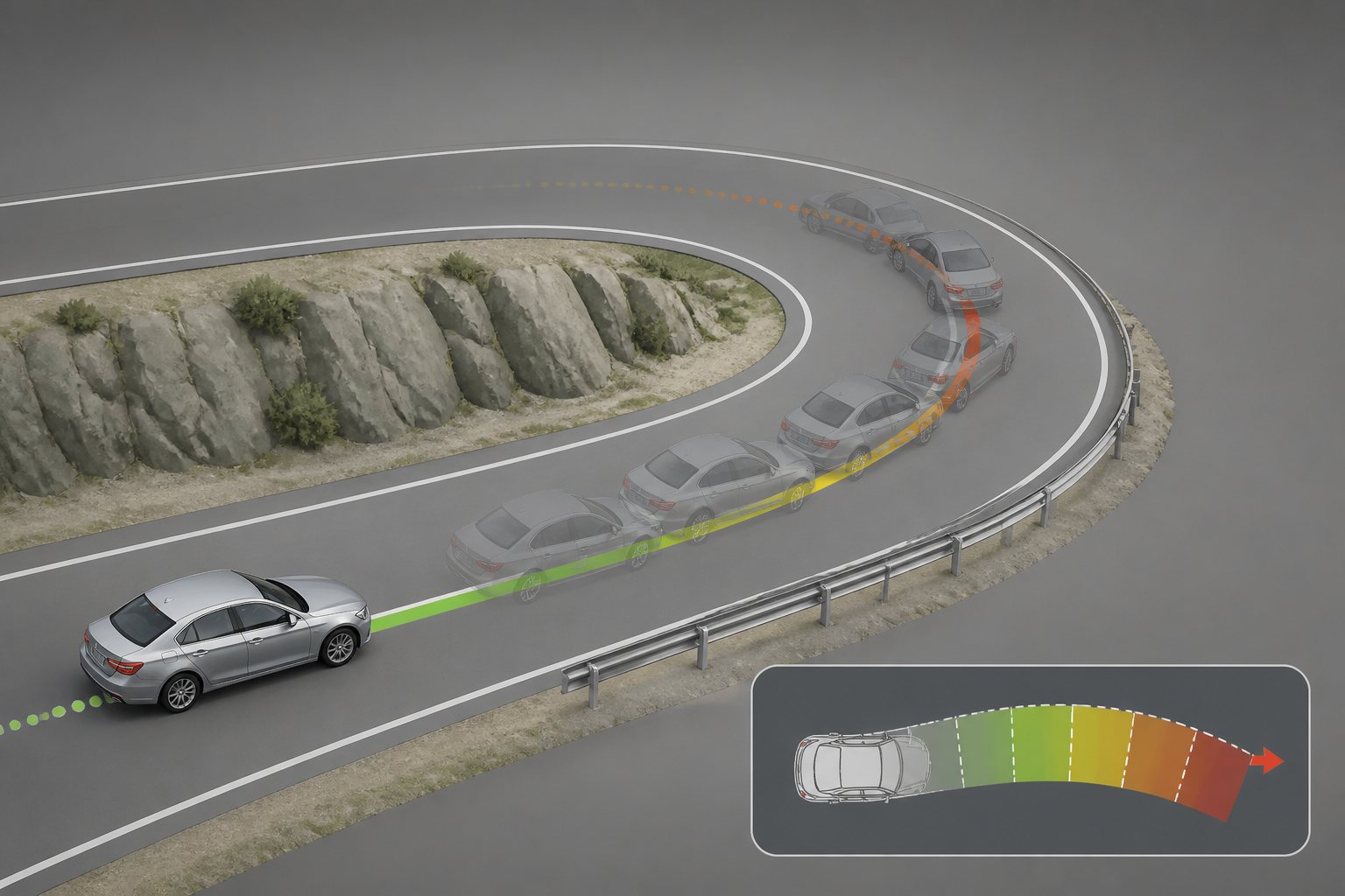 Ilustración técnica en perspectiva de un coche reduciendo la velocidad al aproximarse a una curva cerrada
