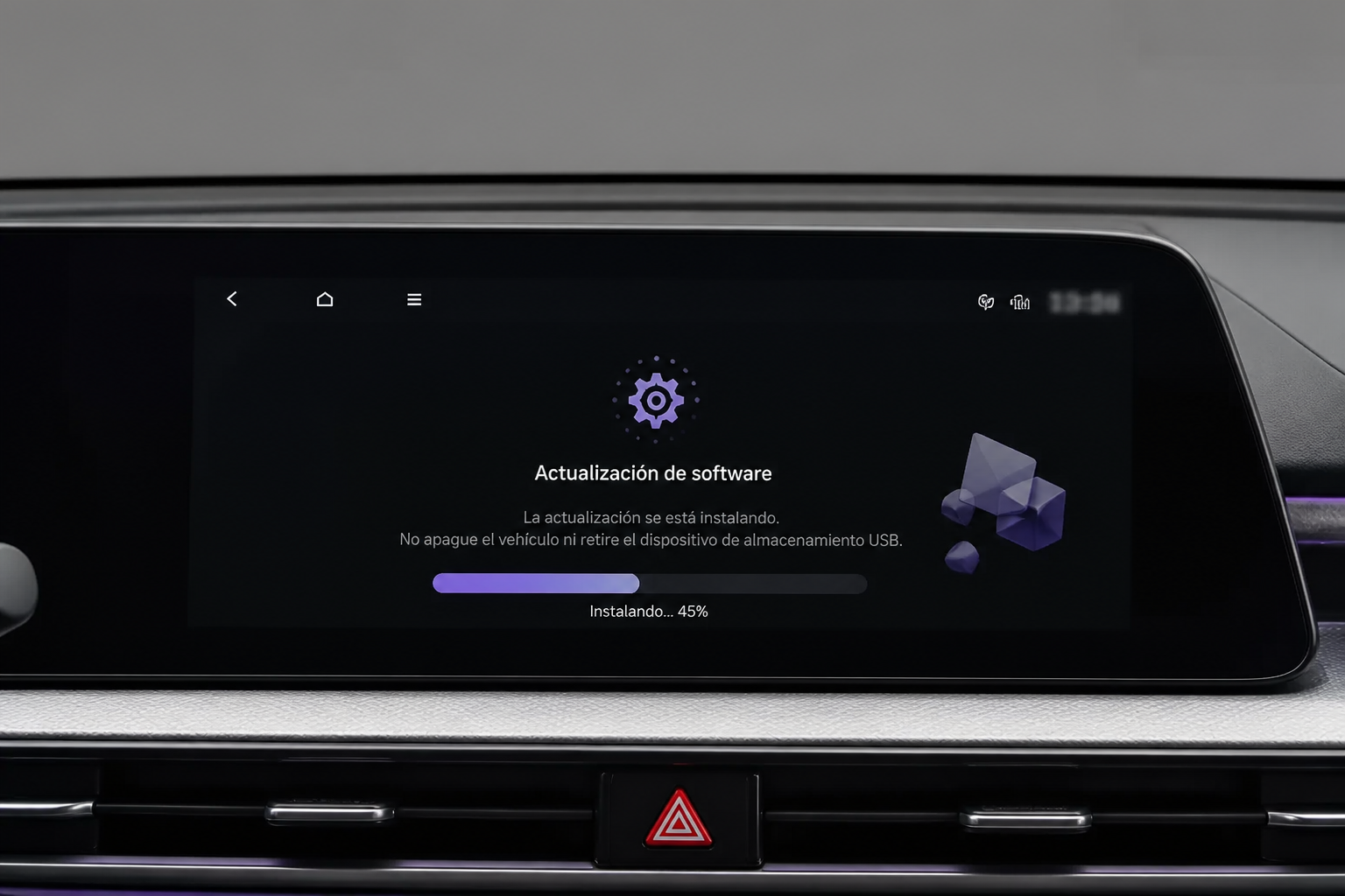 Pantalla central del EV6 mostrando una interfaz de actualización de software con valores desenfocados