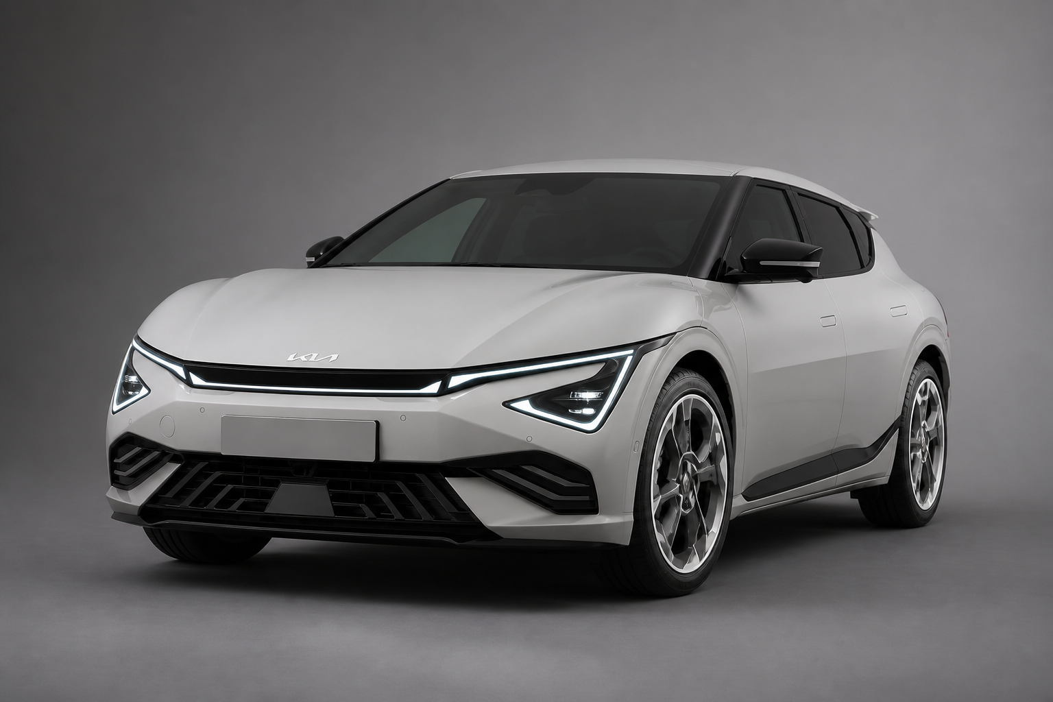 Primer plano del frontal del EV6 blanco con los faros diurnos y el parachoques inferior en forma de ala