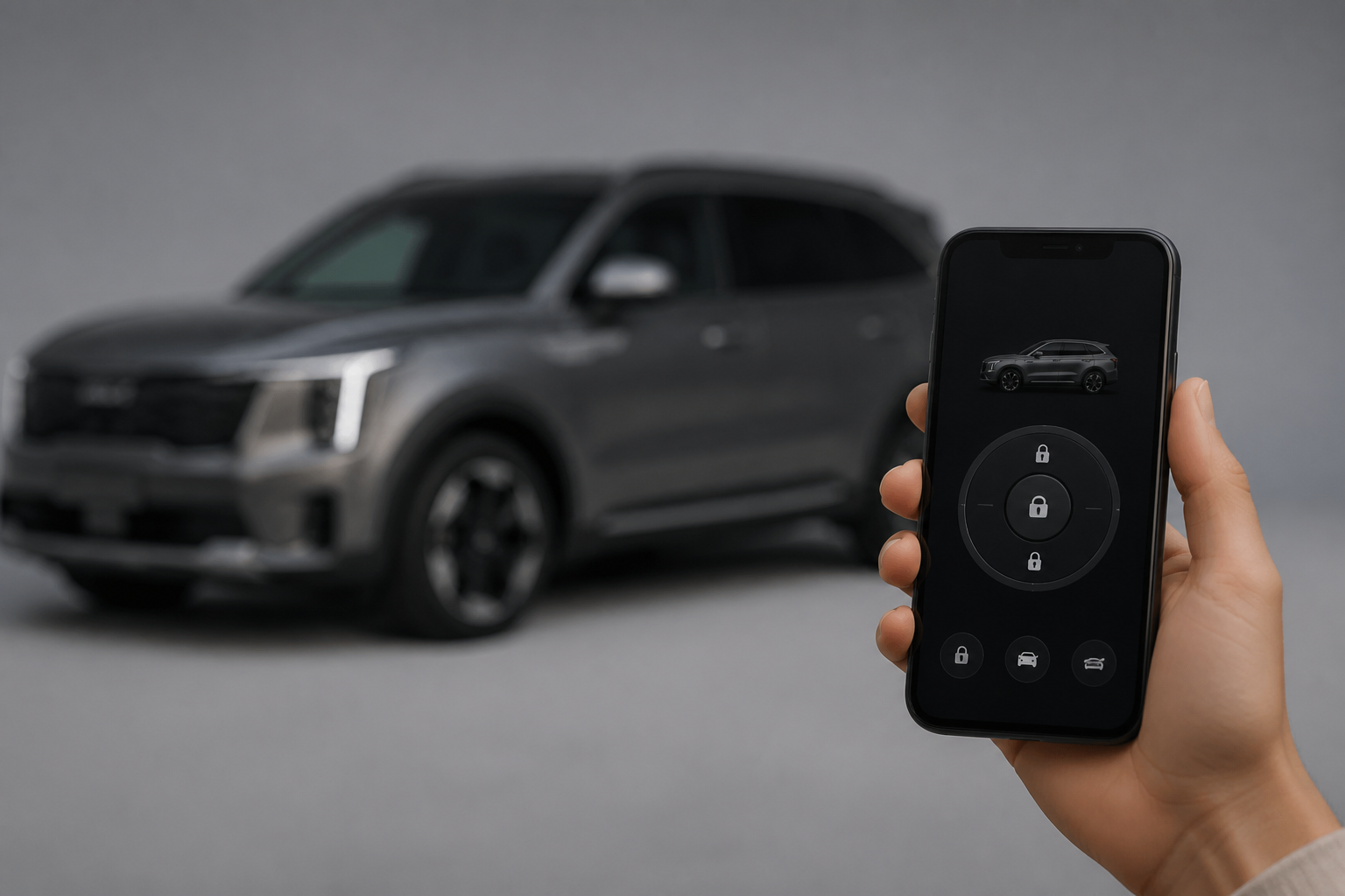 Smartphone en primer plano mostrando la interfaz de llave digital, con la silueta del Sorento desenfocada al fondo