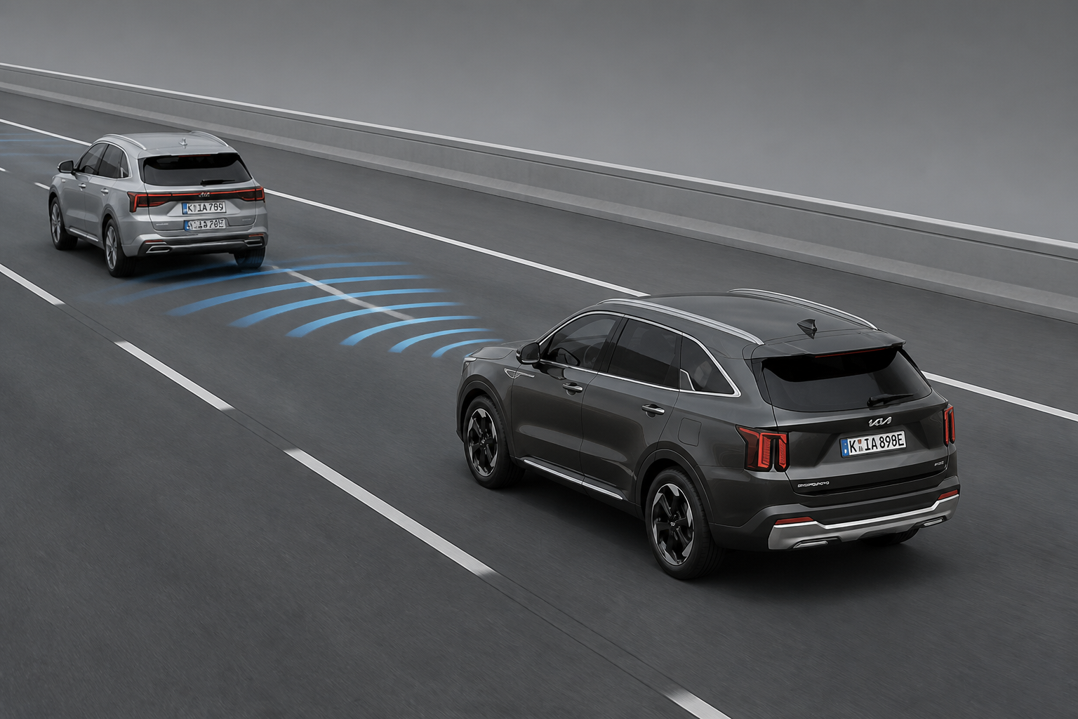 Ilustración técnica elevada de un SUV gris en autovía manteniendo la distancia con el vehículo precedente, con ondas de sensor