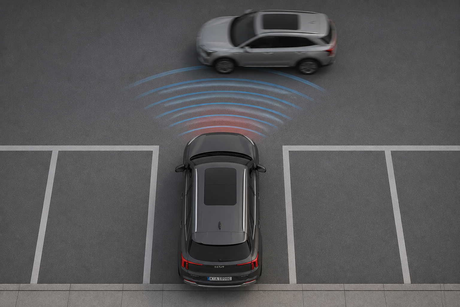 Ilustración cenital de un SUV gris saliendo marcha atrás mientras el radar trasero detecta un coche que cruza