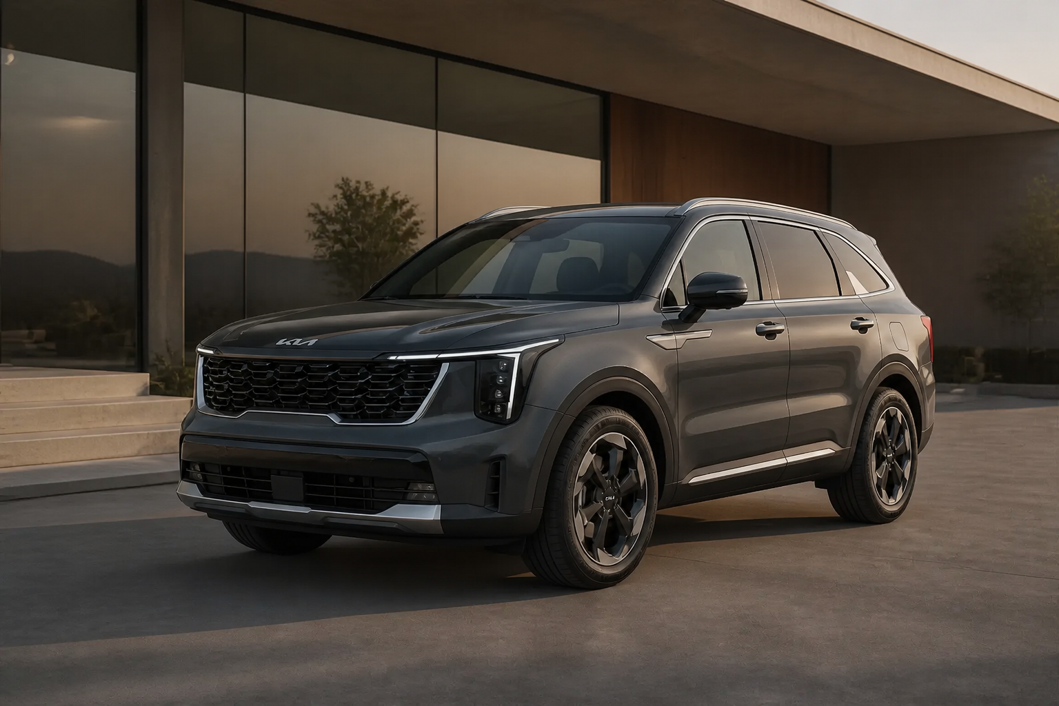 Kia Sorento gris aparcado frente a una fachada moderna de cristal con luz de tarde