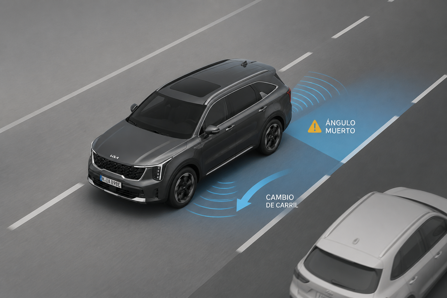 Ilustración elevada de un SUV gris en autovía con la zona de ángulo muerto resaltada y ondas de radar laterales