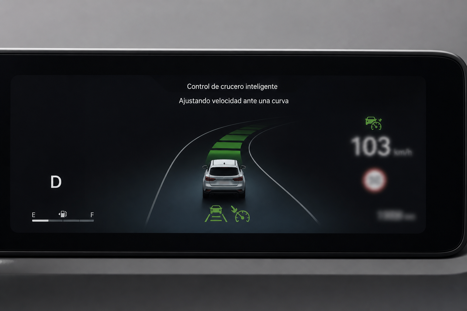 Pantalla del cuadro digital mostrando el control de crucero inteligente ajustando la velocidad ante una curva