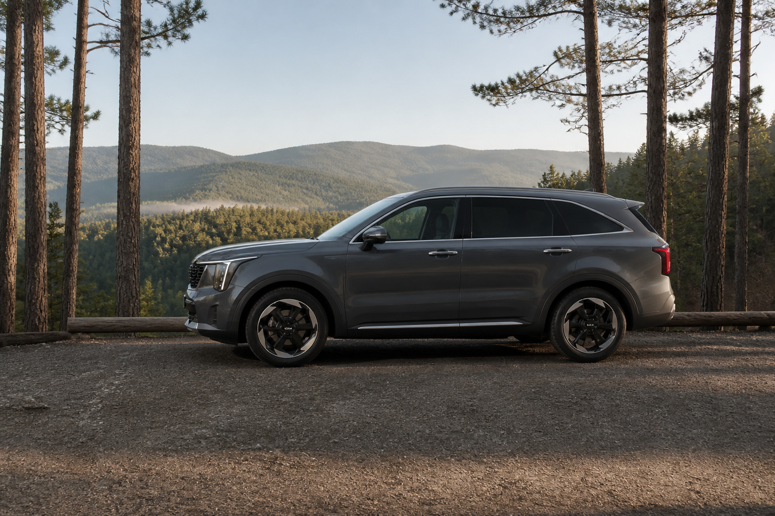 Kia Sorento gris aparcado en un mirador junto a un bosque con luz natural de mañana