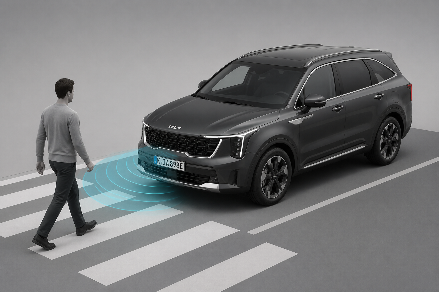 Ilustración técnica de un SUV gris frenando ante un peatón en un paso urbano, con ondas de sensor frontales